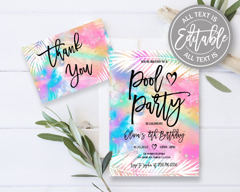 Editable Pool Party Invitation Template Pastel Rainbow Pool Birthday Party Instant Download Tie dye Summer Swimming Pool Party Invite BD05 image 3