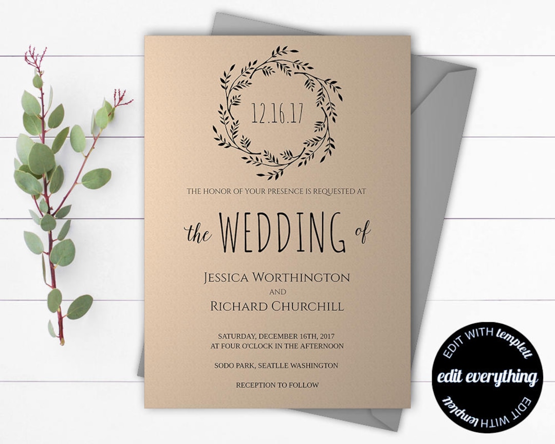 Kraft Wedding Invitation Template - Kraft Invitation Template - Instant