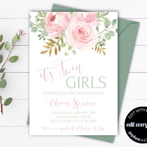 Pink Floral Twins Baby Shower Invitation Template Twin Girls Baby Shower Invite Floral Twins Invitation Greenery Twin Baby Shower Invite