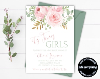 Pink Floral Twins Baby Shower Invitation Template Twin Girls Baby Shower Invite Floral Twins Invitation Greenery Twin Baby Shower Invite