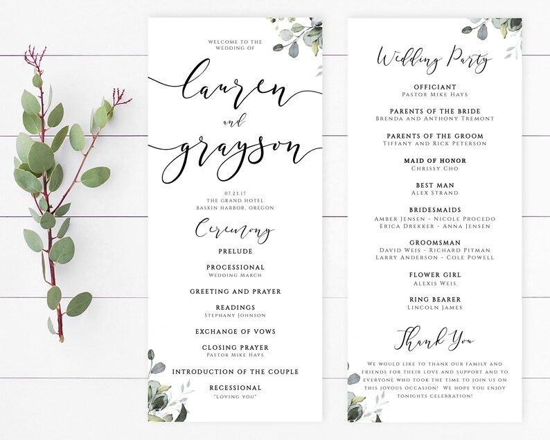 Greenery Tea Length Wedding Program Template Greenery Ceremony Program Instant Download DIY Wedding Programs Eucalyptus Tea Length Printable image 2