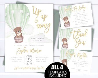 Inbjudan till babyshower med varmluftsballong och nallebjörn, könsneutral, upp och bort, inbjudan till babyshower med varmluftsballong och nallebjörn, könsneutral, inbjudan till babyshower