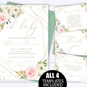 May include: A set of four printable baby shower templates with a gold geometric frame and floral design. The text on the templates reads "Oh Baby", "Let's Shower the Mommy-to-be", "Olivia Moreno", "Sat | Aug 25th | 3PM", "The Anderson Residence", "2800 Grand Blvd Denver, Colorado", "Please RSVP to Jenny at 7204454556", "Books for Baby", "One Small Request", "That Shouldn't Be Hard", "Please Bring a Book", "In Place of a Card", "By Signing Your Book", "We Will Remember", "And Share", "Your Special Gift, Even", "When You're Not There!", "Thank You", "Diaper Raffle", "Bring a Package of Diapers", "Any Size to Be Entered Into", "A Raffle for a Chance", "To Win a Prize", "Name", "All 4 Templates Included".