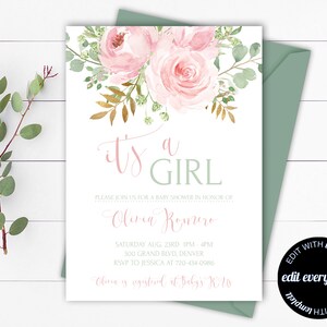 Rose Floral Baby Shower Invitation modèle Floral aquarelle Baby Shower inviter fille Baby Shower fleur Invitation c’est une fille Baby Shower