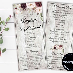 May include: Wedding program with floral accents and text. The program includes the names "Angelica & Richard", date, location, and wedding party details. The design features a wood-grain background and decorative floral elements.