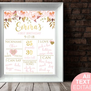 Pink Floral First Birthday Milestone Poster Pink Floral First Birthday Poster Floral 1st Birthday Poster Gold 1st Birthday Milestone Poster