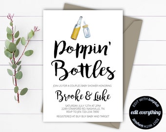 Invitación para baby shower de parejas de Poppin' Bottles Invitación mixta para baby shower de Poppin Bottles Plantilla de invitación para baby shower de Poppin Bottles