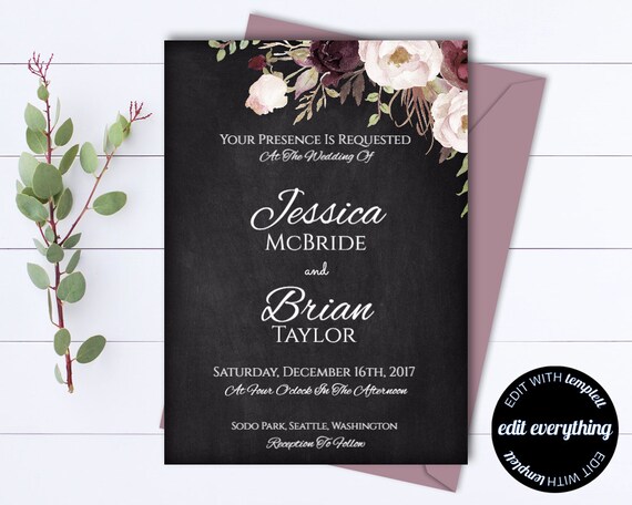 Floral Wedding invitation Template - Floral Wedding Printable Invitation - Instant Download Wedding Invitations - Printable Invitation