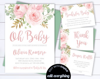 Pink Floral Oh Baby Shower Invitation Template Watercolor Baby Shower Invite Girl Baby Shower Flower Invitation Greenery Baby Shower Invite