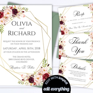 Floral Geometric Wedding Invitation Geometric Wedding Invite Printable Wedding Invitation Template Floral Wedding Invite