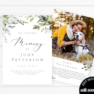 Szablon karty modlitewnej Greenery Funeral Prayer Card Szablon karty modlitewnej do wydrukowania Edytowalna karta modlitewna na pogrzeb Karta mszy katolickiej Karta nekrologu