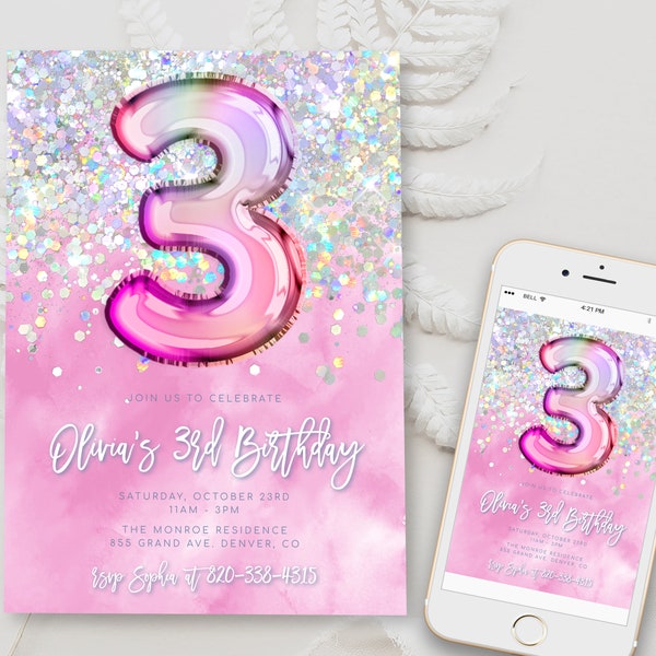 Editable Pink 3rd Birthday Invitation Template Glitter Birthday Party Invite Rainbow Foil Girl Third Birthday Instant Download Digital BD16