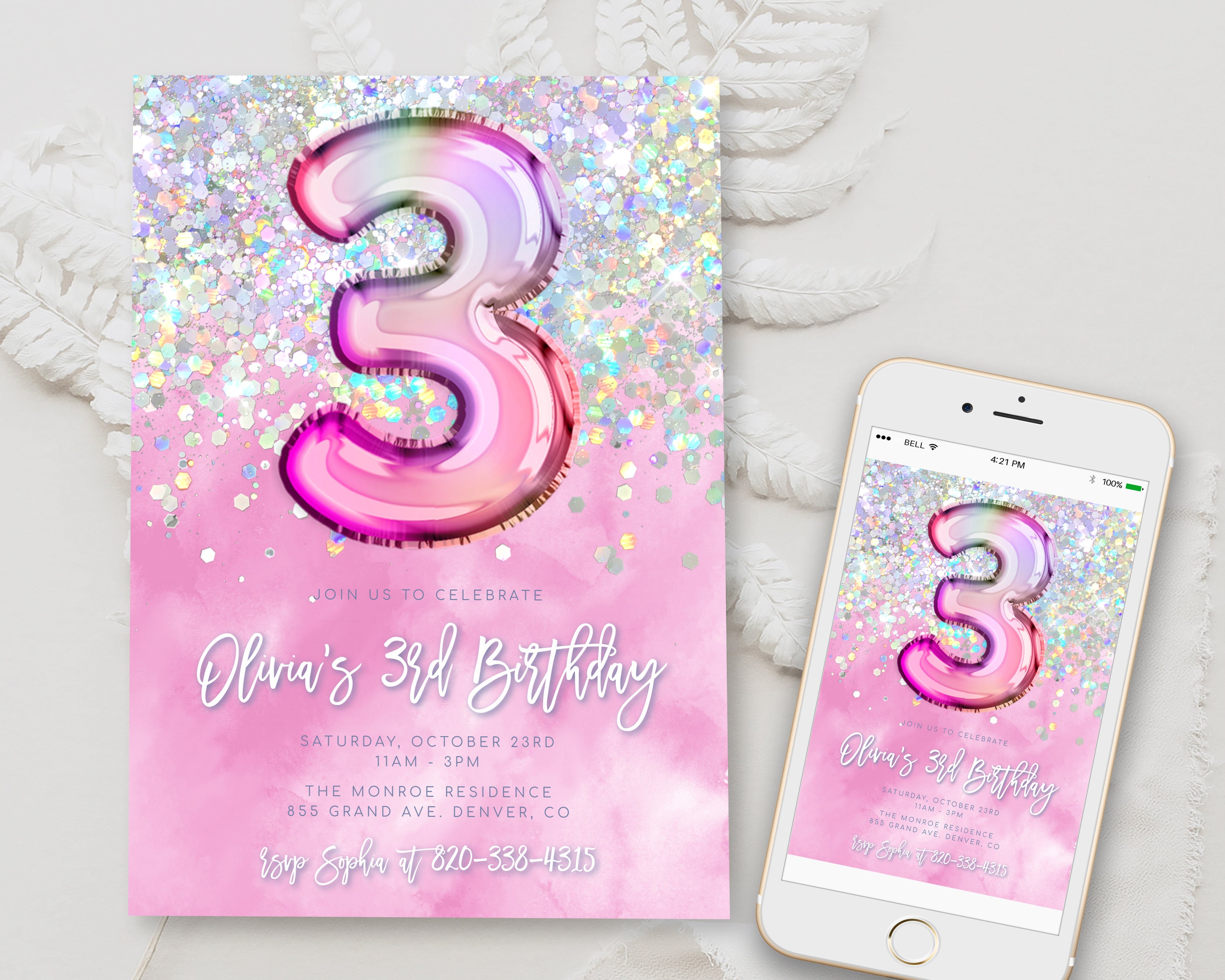 Editable Pink 3rd Birthday Invitation Template Glitter Birthday Party Invite Rainbow Foil Girl Third Birthday Instant Download Digital BD16