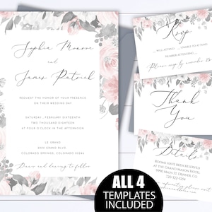 Blush Floral Wedding Invitation Templates Gray Wedding Invitations Garden Wedding Invite Grey Floral Wedding Invite Pink Invitation Editable