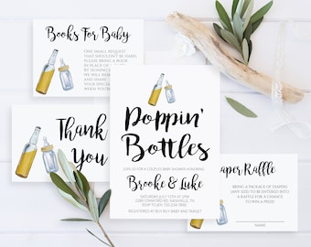 Invitación para baby shower de parejas de Poppin' Bottles Invitación mixta para baby shower de Poppin Bottles Plantilla de invitación para baby shower de Poppin Bottles