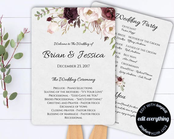 Wedding Program Fan Template Floral Program Fan Printable Etsy