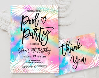 Editable Pool Party Invitation Template Pastel Rainbow Pool Birthday Party Instant Download Tie dye Summer Swimming Pool Party Invite BD05