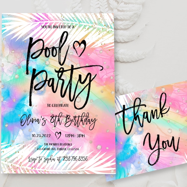 Editable Pool Party Invitation Template Pastel Rainbow Pool Birthday Party Instant Download Tie dye Summer Swimming Pool Party Invite BD05