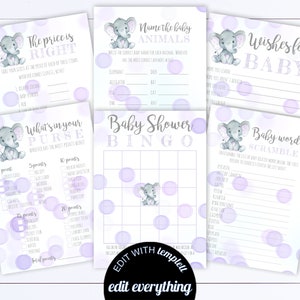 Elephant Baby Shower Games Printable Baby Shower Games Package Baby Shower Activity Printable Baby Shower Bingo Baby Shower Printable Game