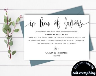 In Lieu of Favors Wedding Donation Card In Lieu of Favors Donation Card In Lieu of Favor Wedding Donations Card Wedding Favor Thank You Note