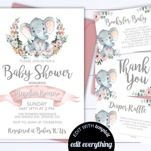 Pink Elephant Baby Shower Invite Pink and Gray Baby Girl Shower Invitations Pink Elephant Girl Baby Shower Pink Elephant Invite