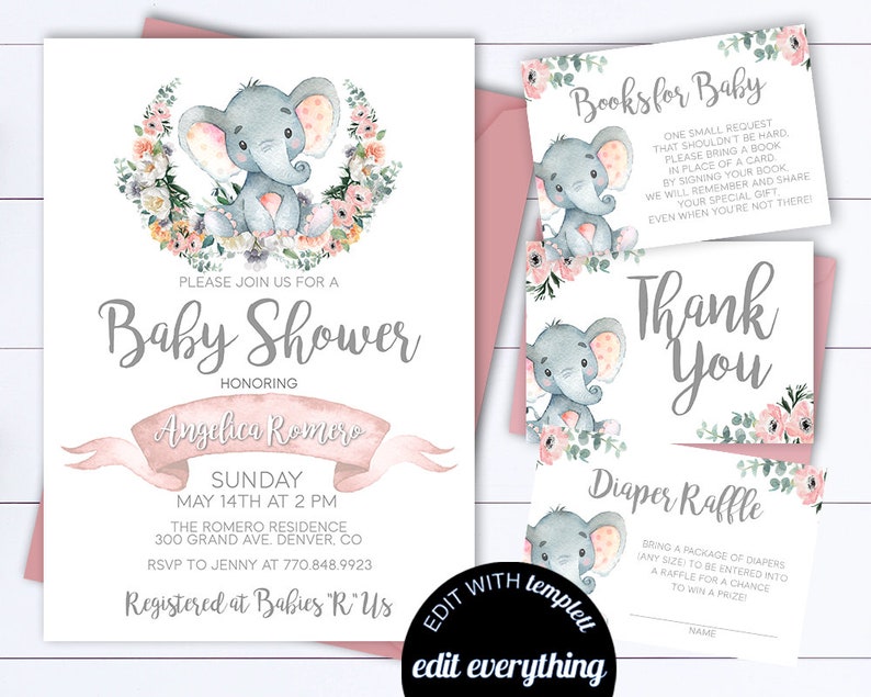 Pink Elephant Baby Shower Invite Pink And Gray Baby Girl Etsy Pink Elephant Baby Shower Invite Pink And Gray Baby Girl Etsy