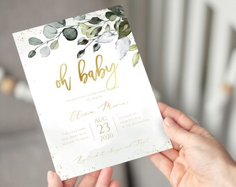 Editable Oh Baby Greenery Gold Baby Shower Invitation Template Eucalyptus Baby Shower Gender Neutral Baby Shower Oh Baby Gold Invite