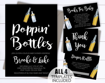 Invitación para baby shower de parejas de Poppin' Bottles Invitación mixta para baby shower de Poppin Bottles Plantilla de invitación para baby shower de Poppin Bottles
