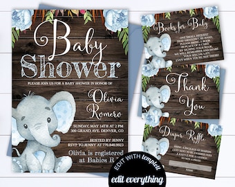 Rustic Elephant Baby Shower Invitation Template (Editable)