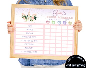 Pianificatore scolastico modificabile per unicorno Elenco attività settimanali per bambini unicorno Calendario settimanale per bambini unicorno Programma per bambini unicorno Pianificatore giornaliero per bambini