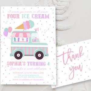 Editable Ice Cream Truck Birthday Party Invitation Template 4th Birthday We All Scream Four Ice Cream Fourth Birthday Instant Download BD07