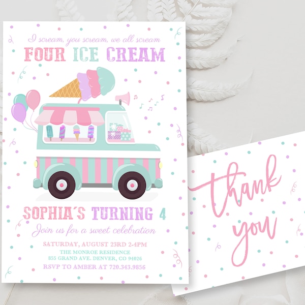 Editable Ice Cream Truck Birthday Party Invitation Template 4th Birthday We All Scream Four Ice Cream Fourth Birthday Instant Download BD07