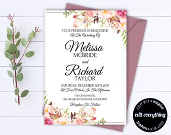 Floral Wedding Invitation Template - Flowers Wedding Template - Floral Wedding Printable Invitation - Floral Invitation Wedding Template