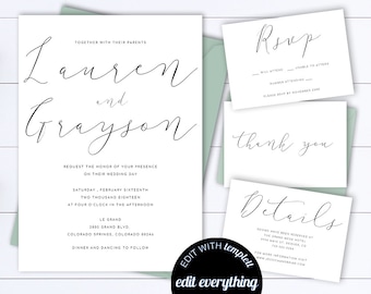 Wedding Invitation Template Modern Wedding Invitation Suite Simple Invitation Set Printable Simple Wedding Invitation Black and White