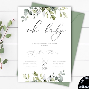 Oh Baby Greenery Baby Shower Invitation Eucalyptus Baby Shower Invite Gender Neutral Baby Shower Invitation Oh Baby Eucalyptus Invite