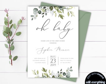 Oh Baby Greenery Baby Shower Invitación Eucalipto Baby Shower Invitación Género Neutral Baby Shower Invitación Oh Baby Eucalyptus Invitación
