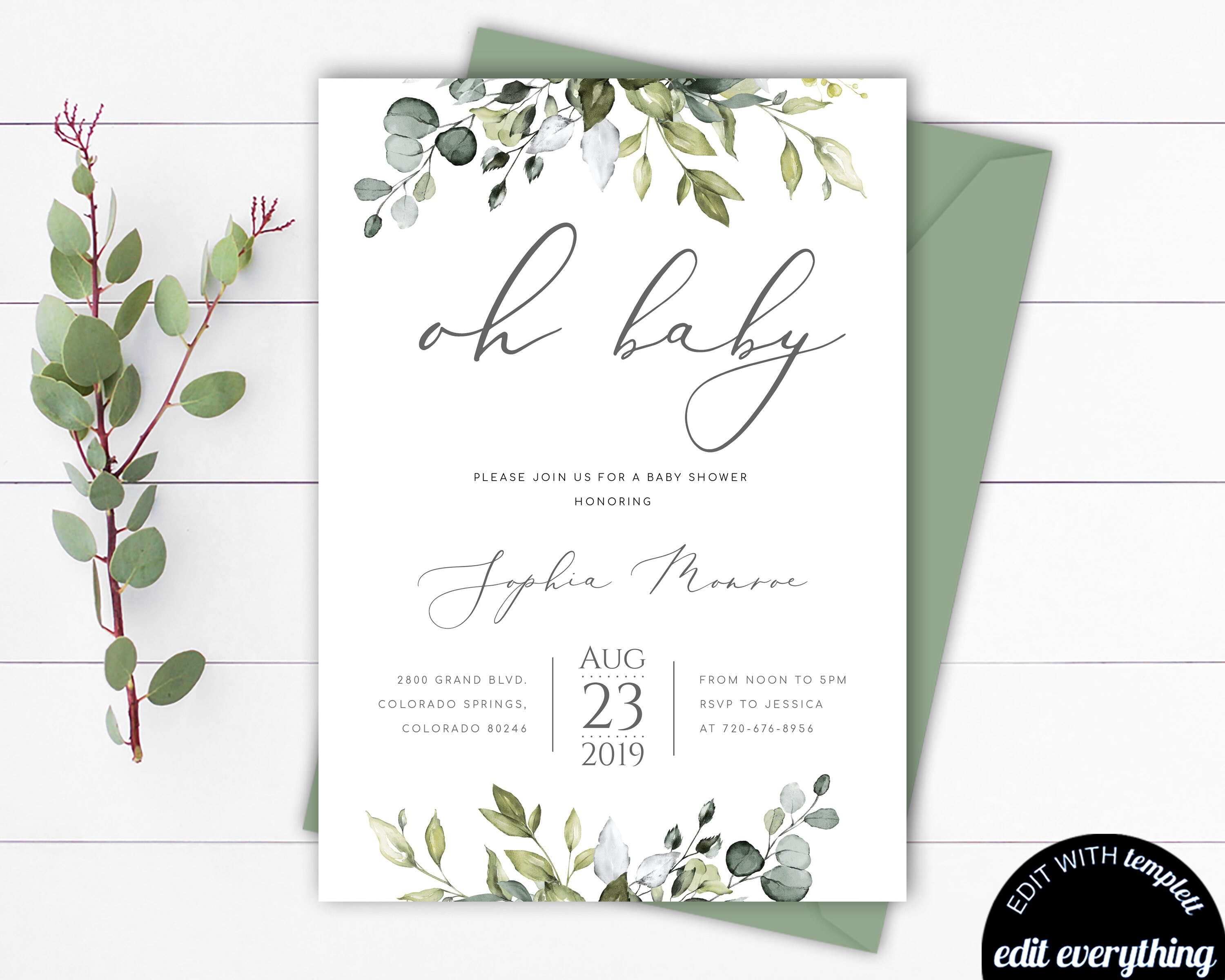 Thank You Card Greenery Baby Shower Invitation Kit Woodland Leaves Book for Baby Insert Diaper Raffle N12 Neutral Eucalyptus Vintage Set