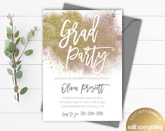 Plantilla editable de invitación a la fiesta de graduación Plantilla de invitación a la fiesta de graduación Invitación imprimible a la fiesta de graduación Anuncio de graduación de personas mayores