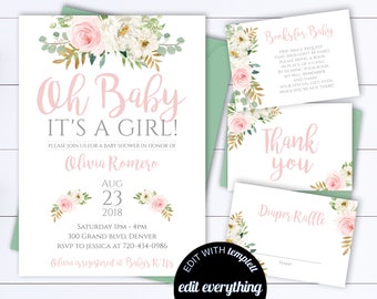 Pink Floral Baby Shower Invitation Template Floral Watercolor Baby Shower Invite Girl Baby Shower Flower Invitation Its a girl Baby Shower