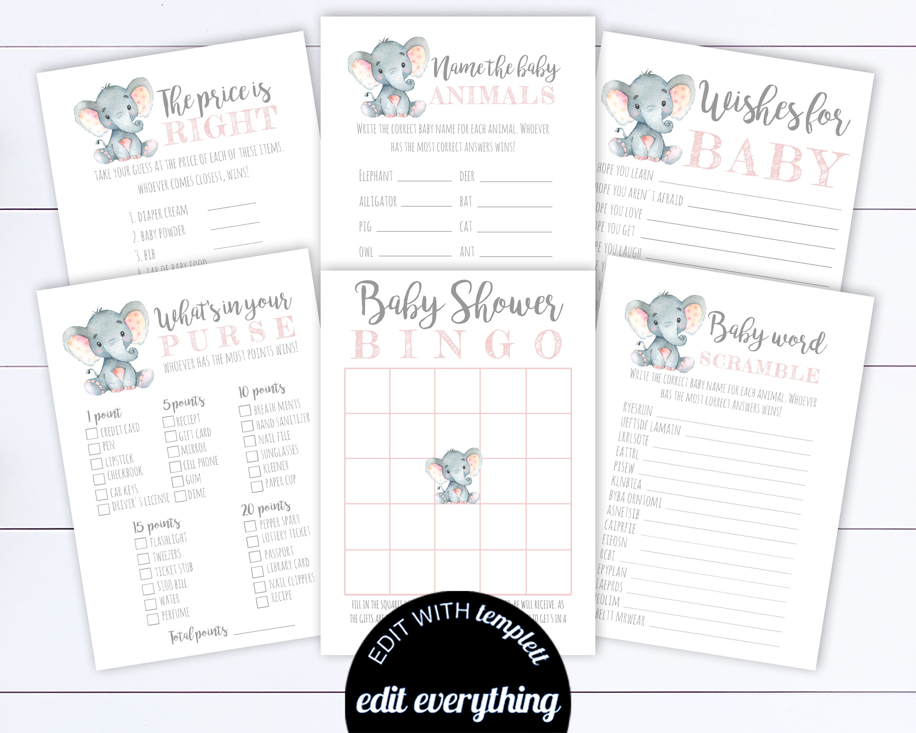 Elephant Baby Shower Games Printable Baby Shower Games Package | Etsy