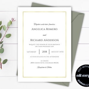 Gold Wedding Invitation Template Modern Wedding Invitation Suite Simple Invitation Set Printable Simple Wedding Invitation