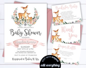 Pink Deer Baby Shower Invitation Woodland Baby Shower Invitation Girl Baby Shower Deer Invitation Floral Baby Girl Shower Invitation