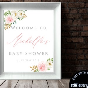 Pink Floral Baby Shower Welcome Sign Baby Welcome Sign Pink Baby Shower Decor Welcome Shower Sign Printable Welcome Sign Printable Sign