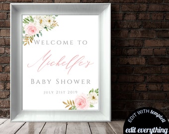 Pink Floral Baby Shower Welcome Sign Baby Welcome Sign Pink Baby Shower Decor Welcome Shower Sign Printable Welcome Sign Printable Sign