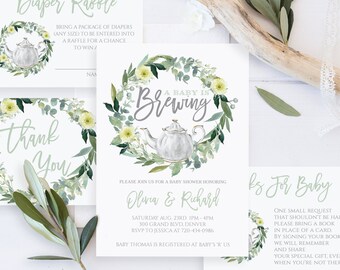 Tea Party Baby Shower Invitation Template Baby Shower Tea Party Invitation Tea Baby Shower Invite A Baby is Brewing Baby Shower Invitation