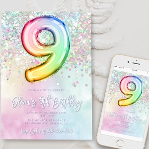 Editable 9th Birthday Invitation Template Rainbow Glitter Birthday Invite Foil Pastel Girl Ninth Birthday Instant Download Digital BD15