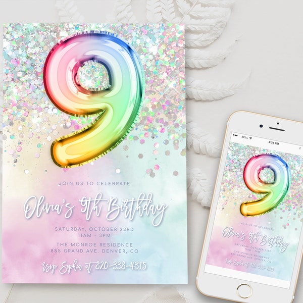 Editable 9th Birthday Invitation Template Rainbow Glitter Birthday Invite Foil Pastel Girl Ninth Birthday Instant Download Digital BD15