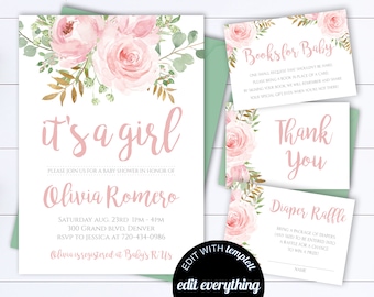 Pink Floral Its a girl Baby Shower Invitation Template Pink Floral Watercolor Baby Shower Invite Girl Floral Baby Shower Flower Invitation