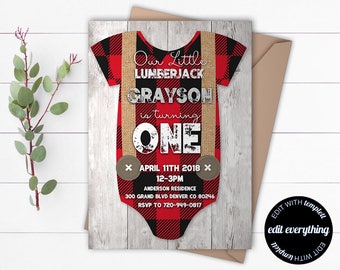 Lumberjack Birthday Invitation Template - Lumberjack Party Invite - Lumberjack First Birthday - Plaid Lumberjack Invite - Woodland Birthday