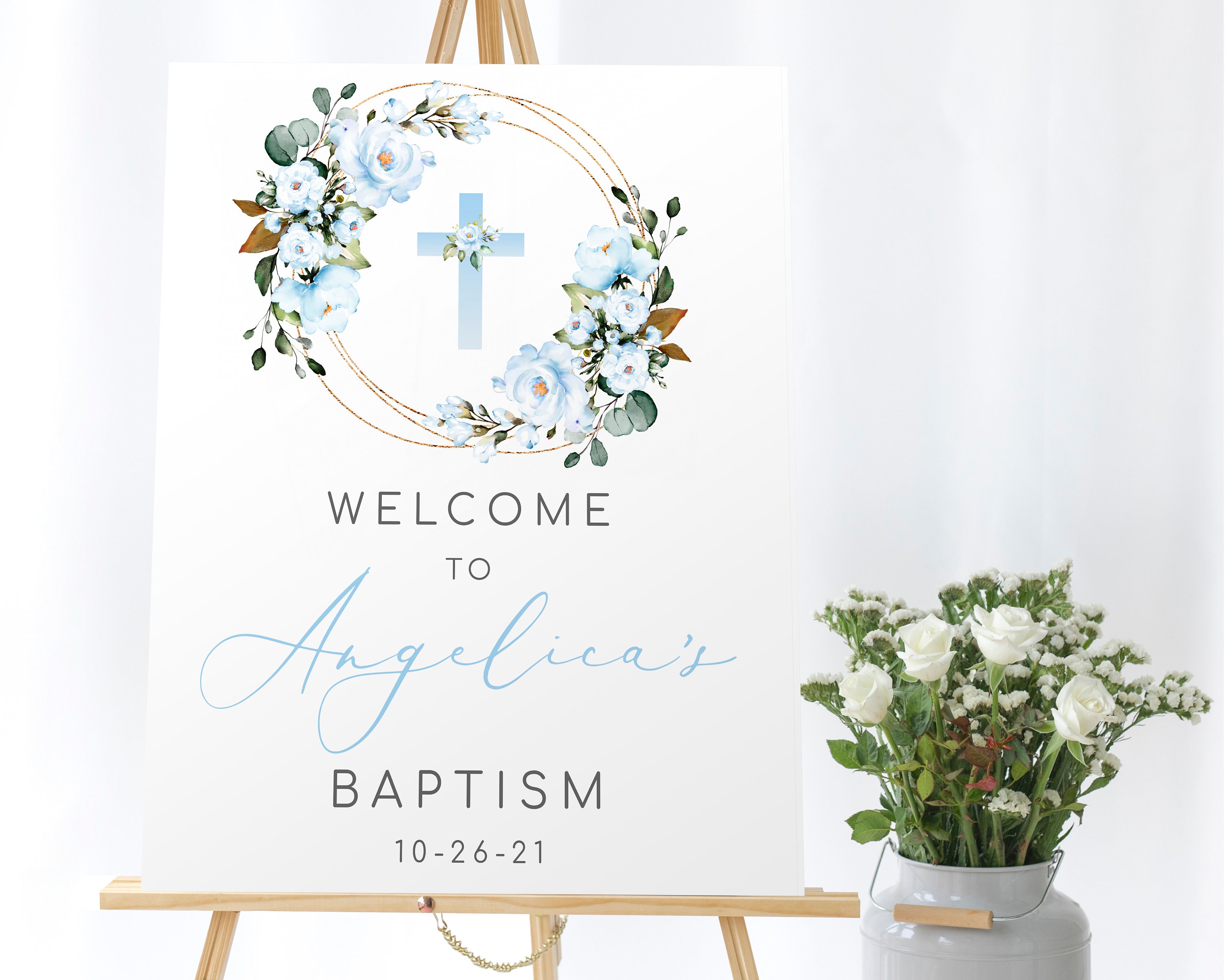 Editable Blue Floral Baptism Sign Template Baptism Etsy